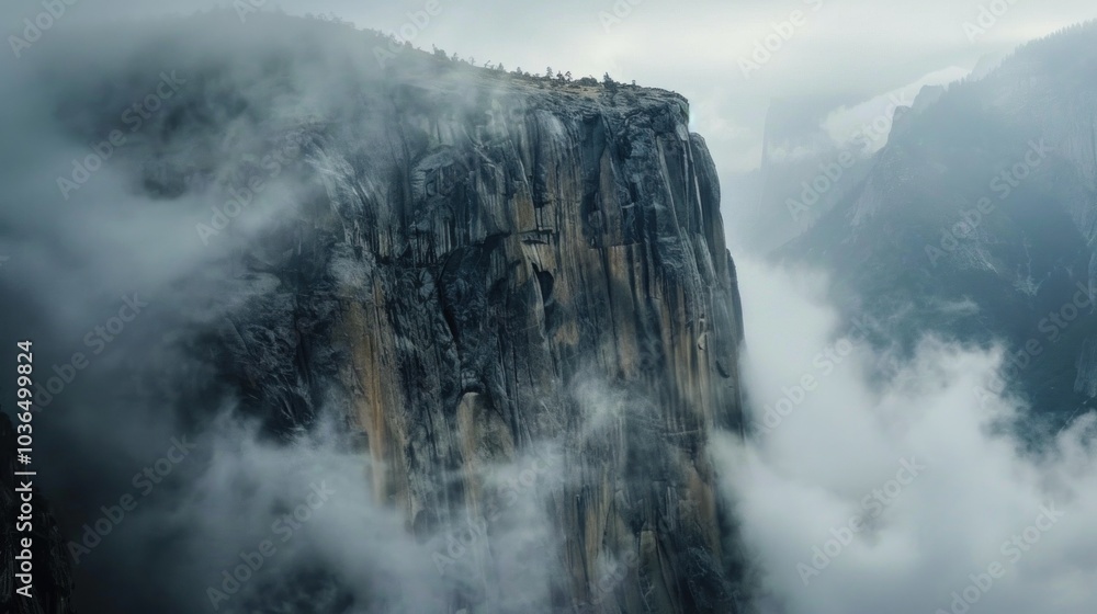 Yosemite's Majestic Cliffs Enveloped in Fog