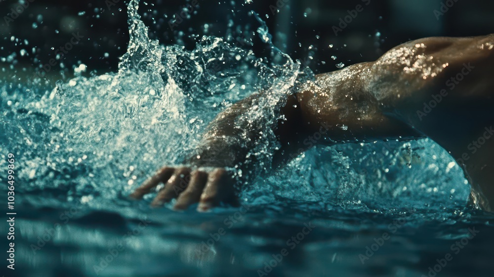 Obraz premium A close-up of a swimmer's arm cutting through the water during a butterfly stroke, with water splashing