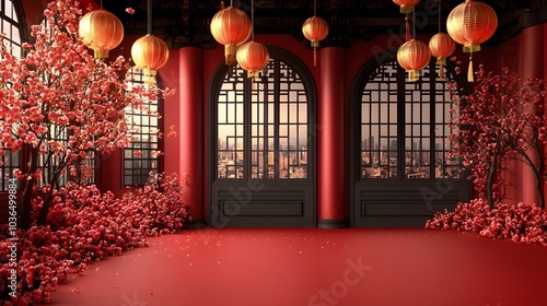 Wallpaper Mural Red Chinese New Year mockup with lanterns and golden tassels on vibrant red backdrop Torontodigital.ca