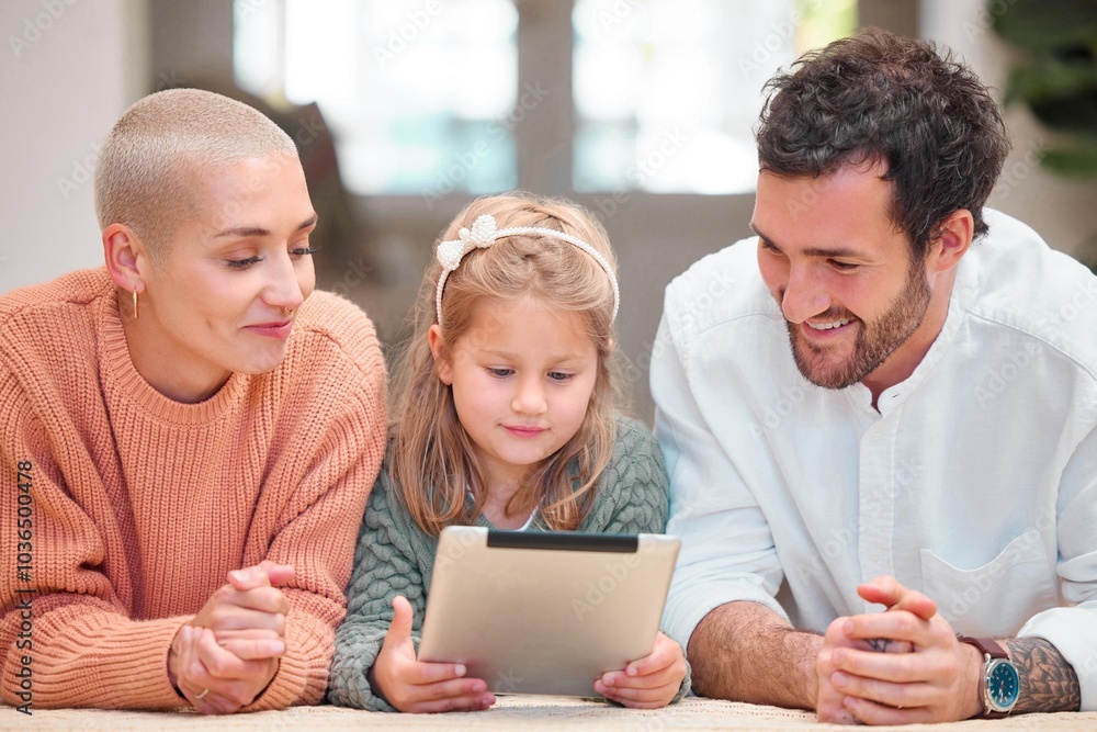 Smile, tablet and video with family in living room of home together for education or online streaming. Happy girl, mother and father on floor in apartment for child development, growth or learning Smile, tablet and video with family in living room of home together for education or online streaming. Happy girl, mother and father on floor in apartment for child development, growth or learning