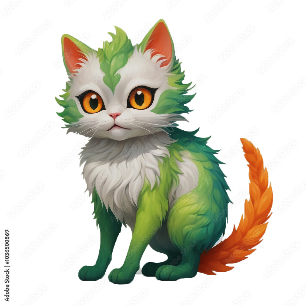 Fototapeta premium Generated image of a small cat-like fantasy creature with vibrant green and white fur