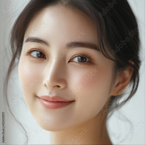 Close-up photo of a beautiful Korean woman in her thirties with natural hairstyle,She is smiling.