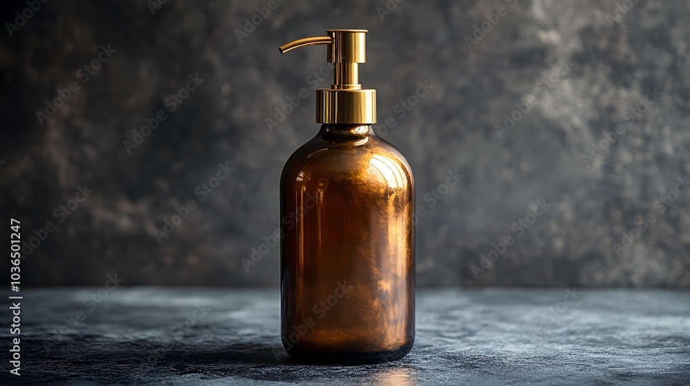 Glossy bottle pump mockup with gold finish and reflective surface on a dark background Glossy bottle pump mockup with gold finish and reflective surface on a dark background