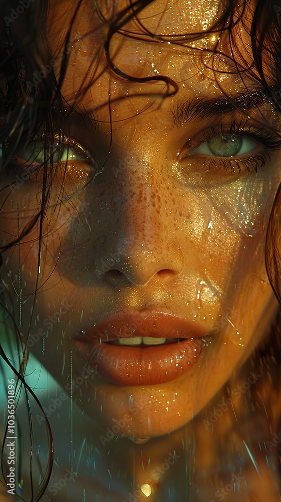 Close-Up Portrait of a Woman with Wet Hair and Green Eyes Close-Up Portrait of a Woman with Wet Hair and Green Eyes