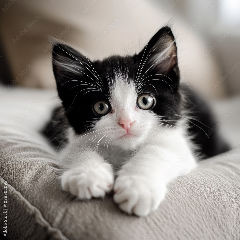A playful black and white kitten lounging on a soft cushion, its bright eyes and fluffy fur creating an inviting atmosphere A playful black and white kitten lounging on a soft cushion, its bright eyes and fluffy fur creating an inviting atmosphere