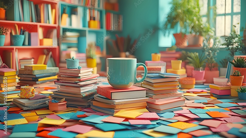 Blank business cards mockup with a coffee mug and scattered office supplies