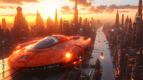 Futuristic casr hovering over a sprawling cityscape at sunset. Tall, pointed skyscrapers surround the scene, while warm orange and yellow tones highlight the atmosphere, creating a sci-fi ambiance. photo