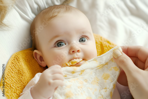 baby, eating, food, mother, feeding, pureed, wipes, mouth, family, parent, child, infant, spoon, meal, care, nutrition, nurturing, bonding, love, clean, hands, healthy, table, sitting, messy, affectio photo