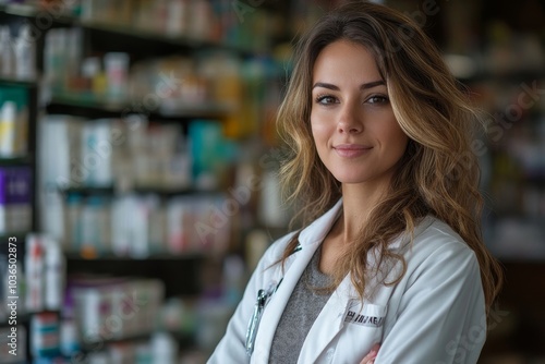 Obraz na płótnie Female pharmacist standing in a drug store, Generative AI w salonie