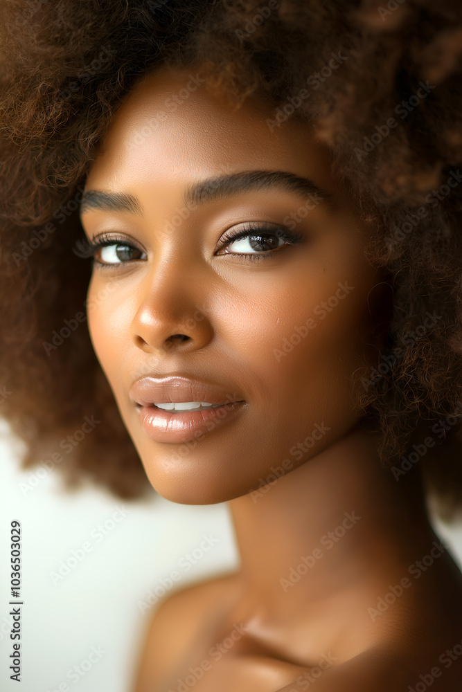 Portrait of a beautiful african woman smiling, showcasing elegant makeup and fashion with a focus on her eyes, hair, and glowing skin Portrait of a beautiful african woman smiling, showcasing elegant makeup and fashion with a focus on her eyes, hair, and glowing skin
