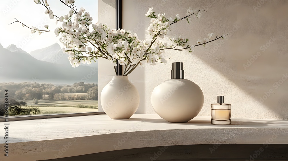 Blank perfume bottles next to floral elements on a neutral backdrop Blank perfume bottles next to floral elements on a neutral backdrop