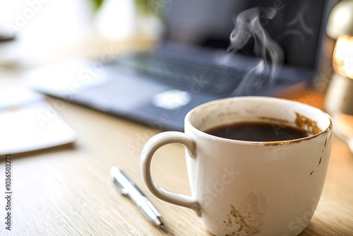 A white ceramic mug filled with steaming hot coffee on a wooden table, with a laptop computer in the background