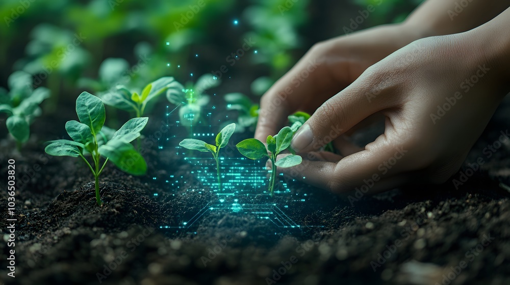 Fototapeta premium Hands holding seedlings, Modern agriculture with technology concept.