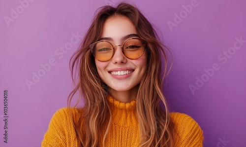 Obraz na płótnie Happy gen z woman smiling and paying online with credit card on vibrant purple background, Generative AI w salonie