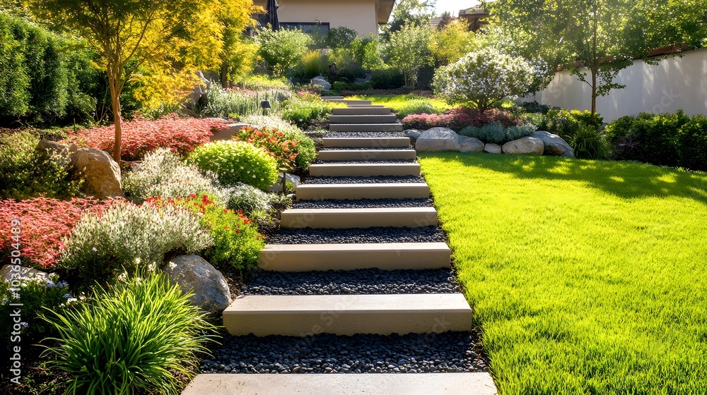 Obraz premium A minimalist garden with solar-powered lights, smart irrigation, and clean design