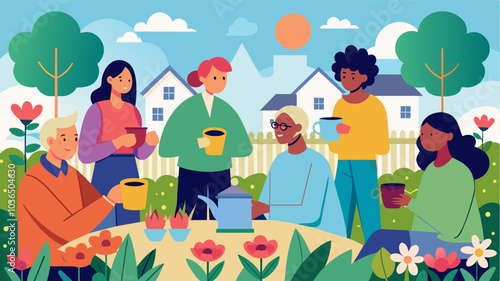 The community garden was the perfect spot for neighbors to gather for their weekly coffee morning surrounded by beautiful flowers and the sounds of friendly chatter.. Vector illustration