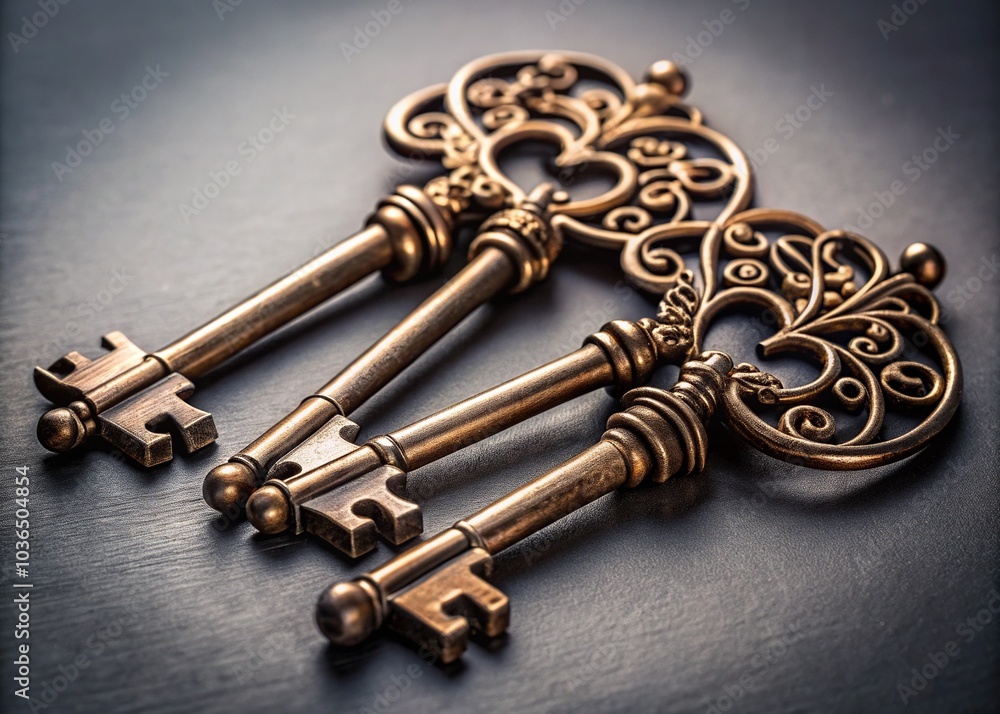 Intricate Ornate Keys on Gray Background Intricate Ornate Keys on Gray Background