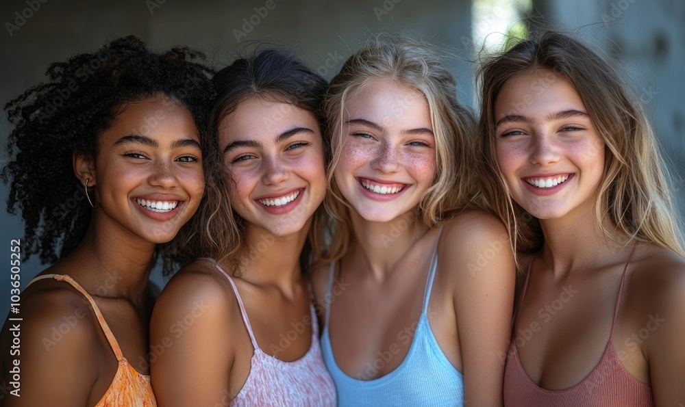 Group of cheerful young women standing together, Generative AI Group of cheerful young women standing together, Generative AI