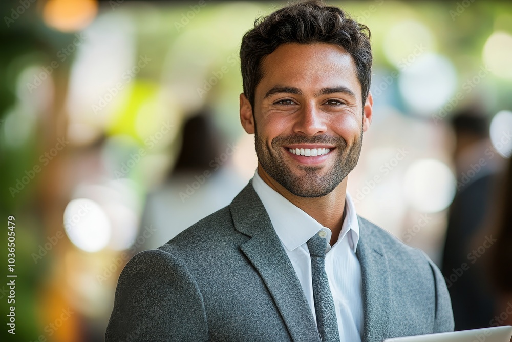 Businessman smiling at the camera while holding a laptop, Generative AI