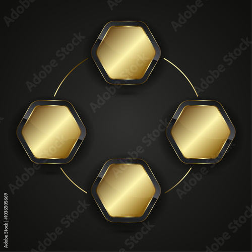 A chart of hexagon premium shape Black and gold button vector design with gold gradient color, a metallic options chart vector, illustration at the center luxury button