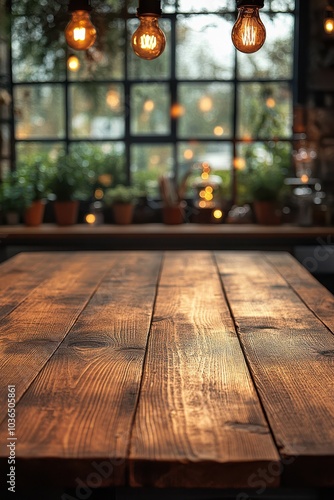 Dark kitchen with wooden table and soft lighting on fuzzy kitchen background.