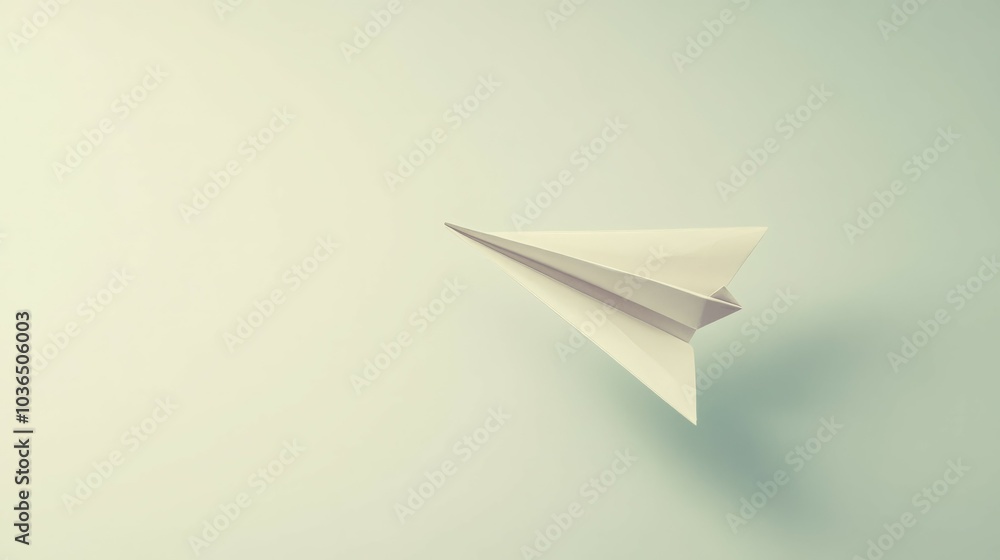 A simple white paper airplane soars against a soft, light blue background. A simple white paper airplane soars against a soft, light blue background.