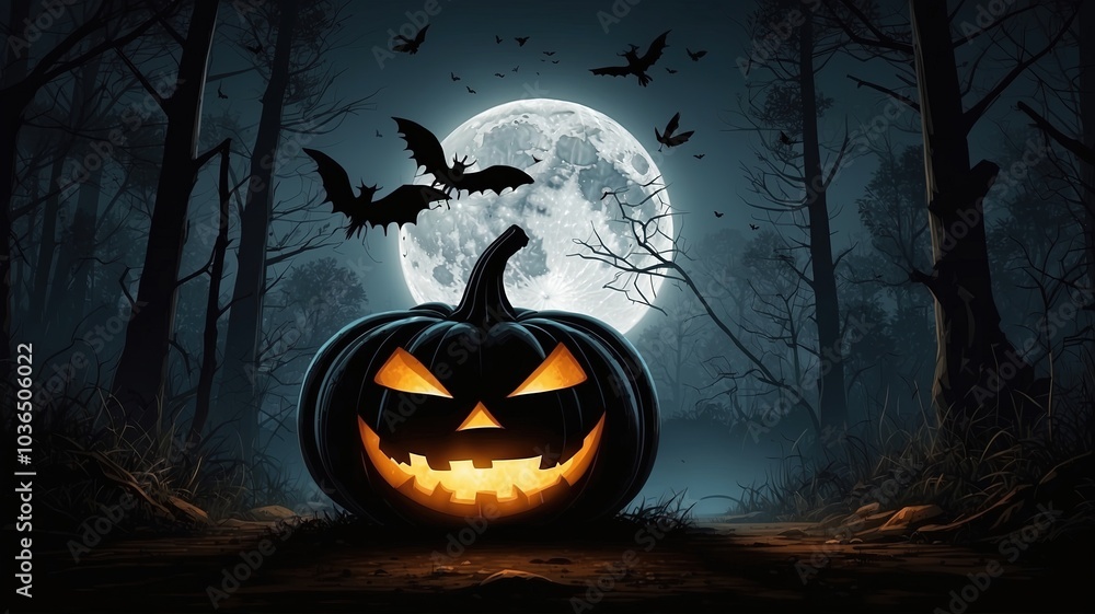 Fototapeta premium Silhouette of a devilish pumpkin on the floor in the forest at night with crows flying in full moon night.