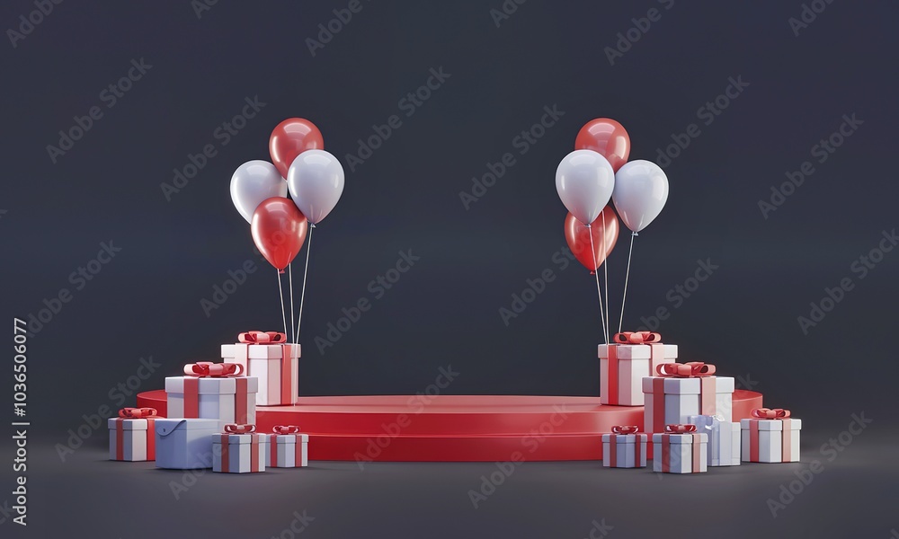 Red and white balloons with gift boxes on a red platform against a dark background Red and white balloons with gift boxes on a red platform against a dark background