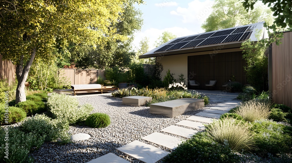 Obraz premium A sleek yard with clean lines, solar panels, and native plant arrangements