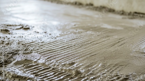 Cement screed close-up showing thin layer concrete with ribbed trowel traces. Surface preparation for leveling floors in construction projects.