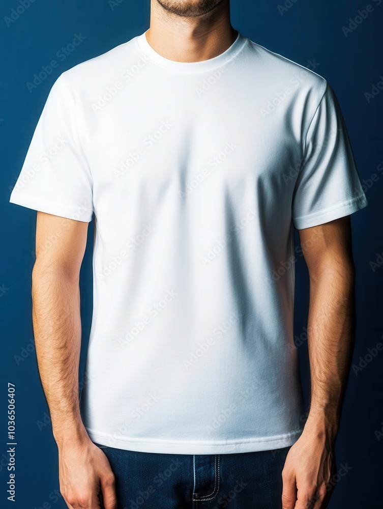 Blank white tshirt mockup showing front and back views on a male model, clean and clear template, soft shadows, simple background, perfect for apparel and branding visuals Blank white tshirt mockup showing front and back views on a male model, clean and clear template, soft shadows, simple background, perfect for apparel and branding visuals