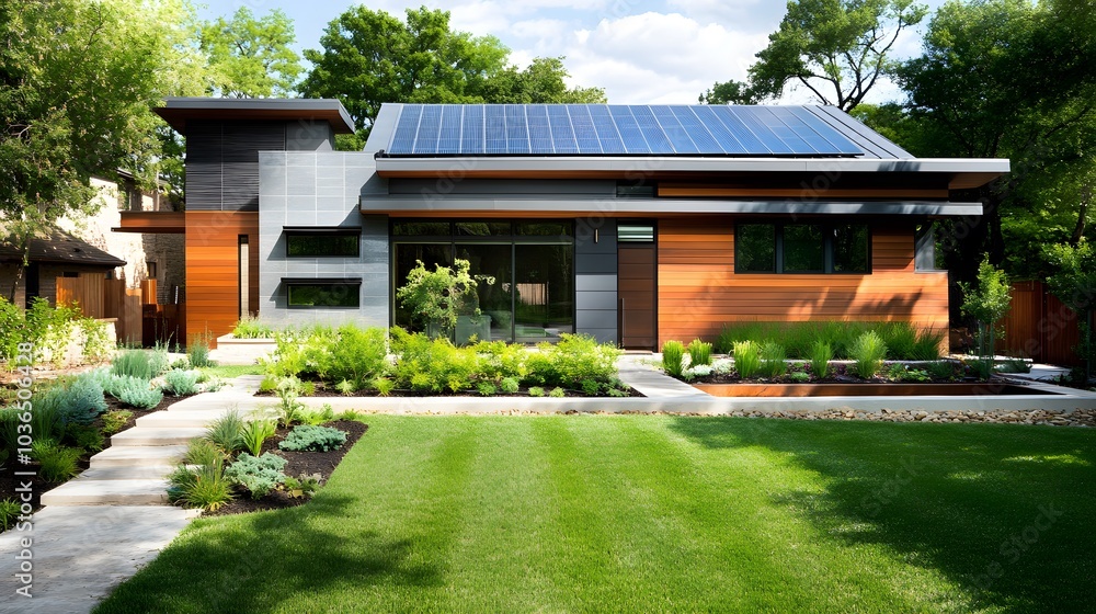 Fototapeta premium A sleek yard with clean lines, solar panels, and native plant arrangements