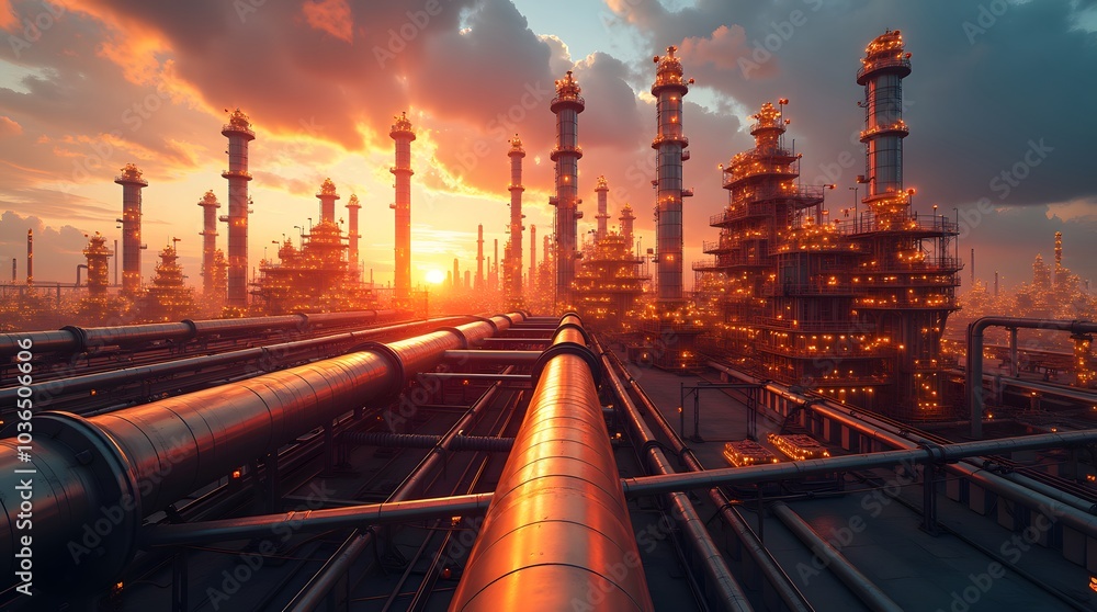Fiery Sunset over Industrial Complex. Massive pipelines and towers glow at dusk. Fiery Sunset over Industrial Complex. Massive pipelines and towers glow at dusk.