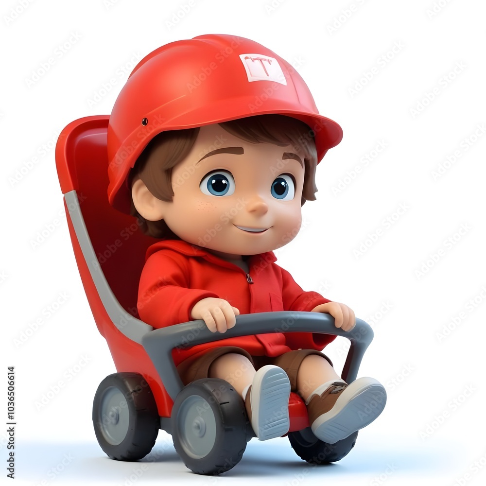 A young boy wearing a red helmet and sitting in a toy car 3D A young boy wearing a red helmet and sitting in a toy car 3D