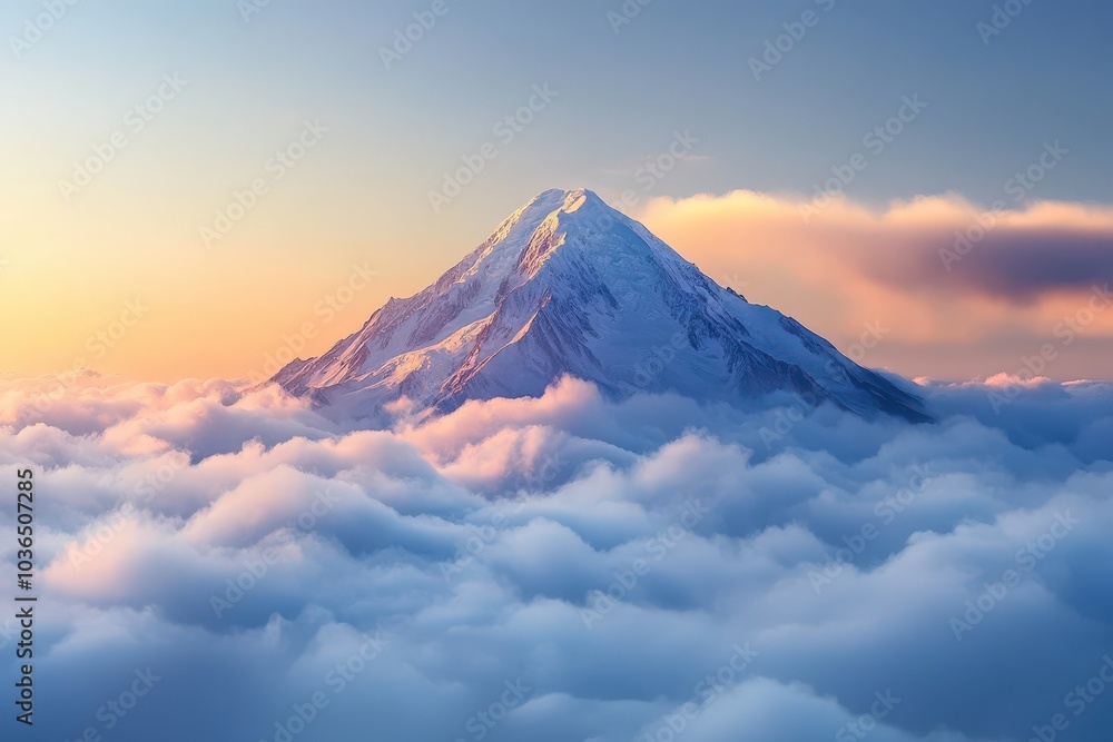 Naklejka premium Snowy Mountain Peak Emerging from a Sea of Clouds at Sunset