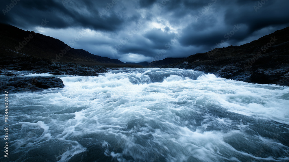 Fototapeta premium dramatic scene of turbulent waters rushing through rocky terrain under moody sky. powerful waves create sense of energy and movement, capturing raw beauty of nature