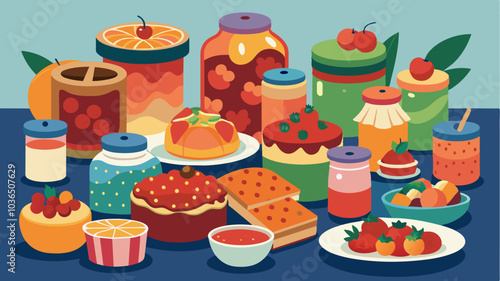 Tables piled high with homemade jams jellies and baked goods offer a taste of the local flavors and traditions.. Vector illustration