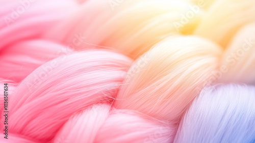 close up view of beautifully braided hair in pastel colors, featuring shades of pink, yellow, and blue, creating soft and vibrant appearance. texture is smooth and inviting, evoking sense of