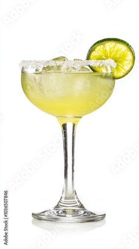 Fresh Margarita cocktail with lime green liquid, salted rim, and lime wedge garnish in a glass. White background with a clear focus on the refreshing icy drink. 