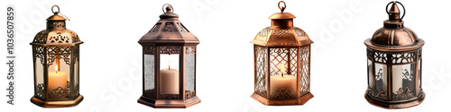 Set of a Calerian copper lantern with candle, isolated on transparent background.