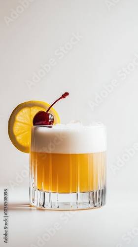 Whiskey Sour cocktail with frothy top, lemon slice, and cherry garnish in a rocks glass. Soft vibrant colors on a white background. High-resolution cocktail photography for design and print.