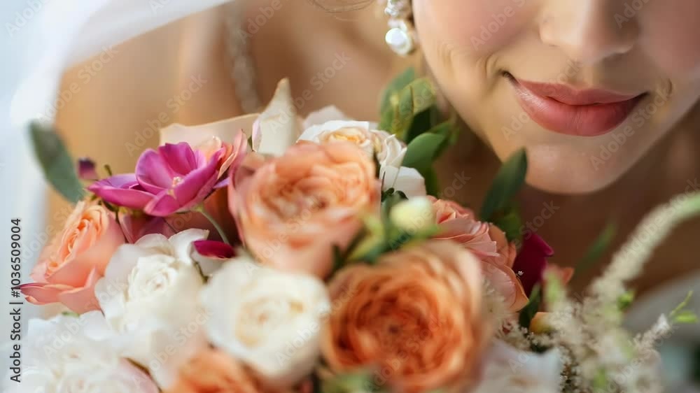 A woman is holding a bouquet of flowers, with a mix of pink and white flowers. The bouquet is arranged in a way that highlights the woman's face, making her the main focus of the image A woman is holding a bouquet of flowers, with a mix of pink and white flowers. The bouquet is arranged in a way that highlights the woman's face, making her the main focus of the image