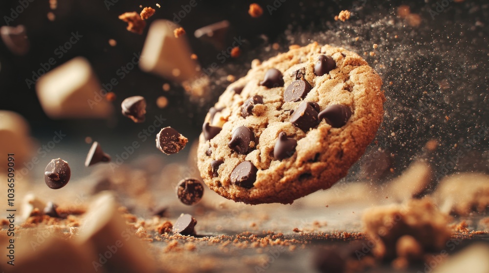 A chocolate chip cookie surrounded by flying crumbs and pieces, showcasing a delicious treat. A chocolate chip cookie surrounded by flying crumbs and pieces, showcasing a delicious treat.