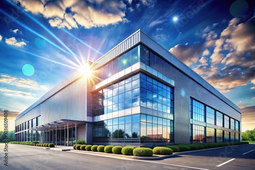 Modern Logistics Center Under Blue Sky with Bokeh Effect