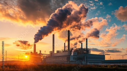 A large industrial factory with smokestacks emitting smoke against a dramatic sunset sky.