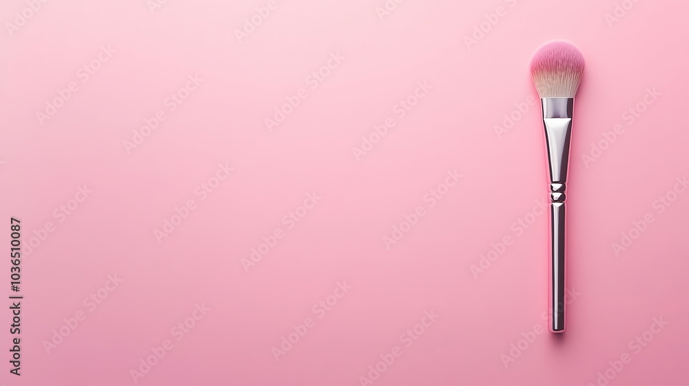 A silver makeup brush on a pink background. A silver makeup brush on a pink background.
