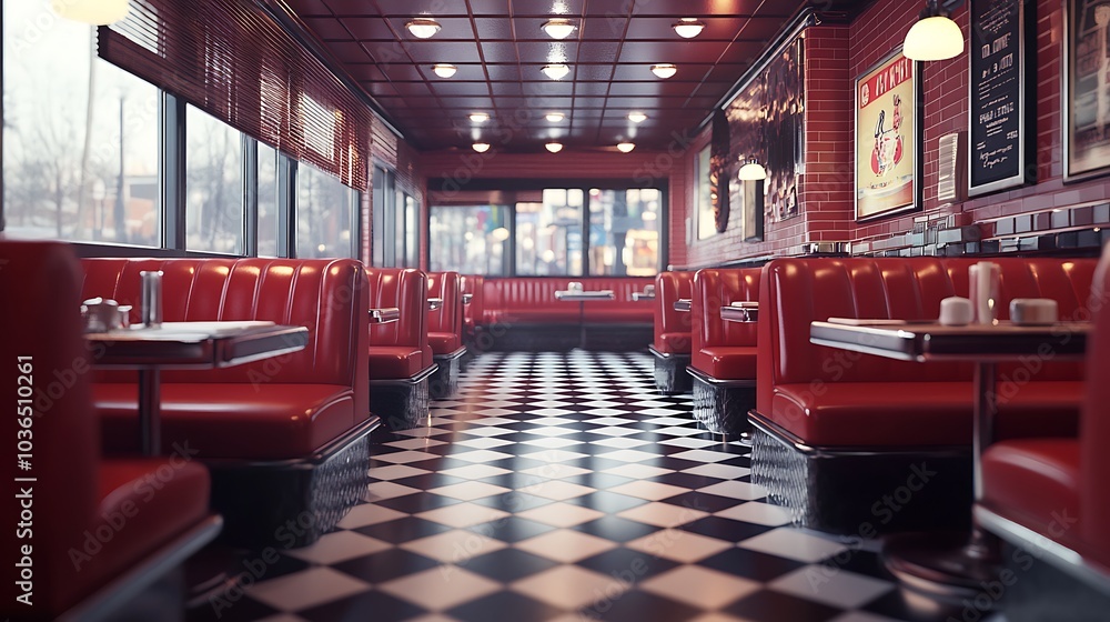 Retro Diner Interior with Red Booths and Checkered Floor Retro Diner Interior with Red Booths and Checkered Floor