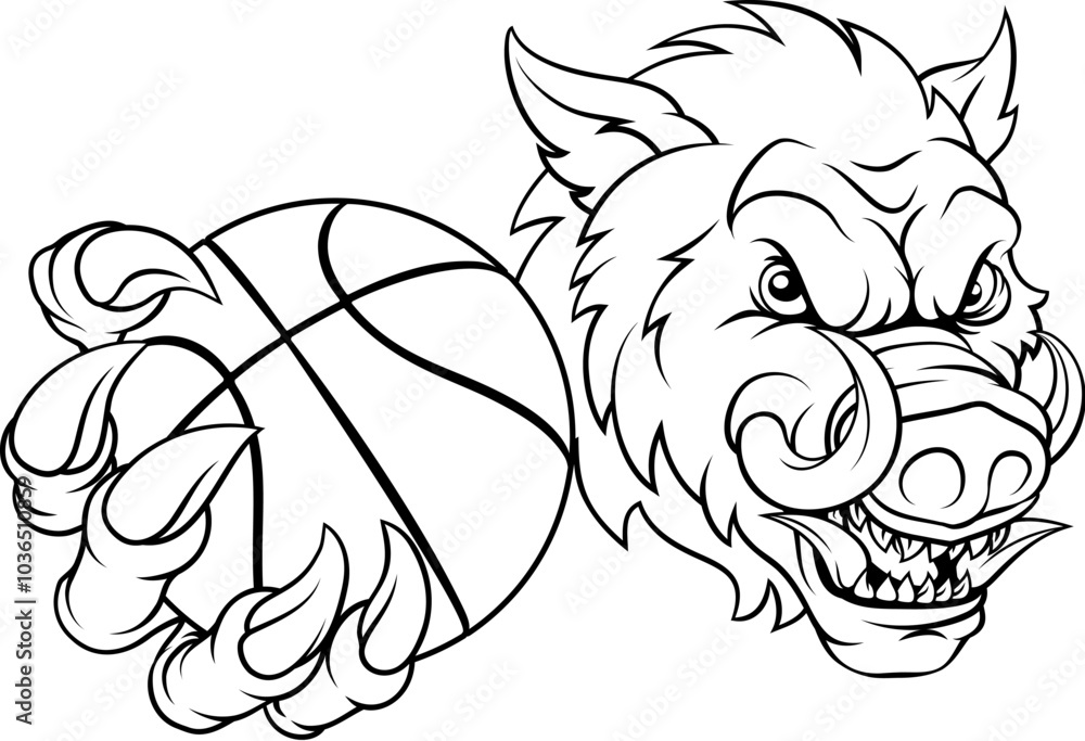 Obraz premium A wild boar, hog razorback warthog pig mean tough cartoon sports mascot holding a basketball ball