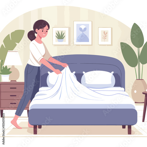 A woman is making a bed with a white sheet