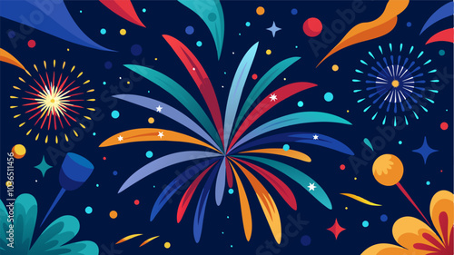 The night sky is illuminated with colorful fireworks celebrating the diversity and unity of the community.. Vector illustration